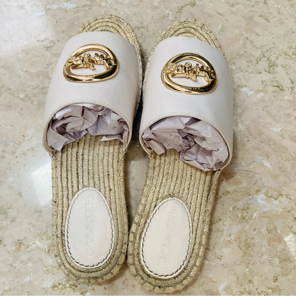 Coach White Leather Espadrille Slide Sandals with Gold Logo